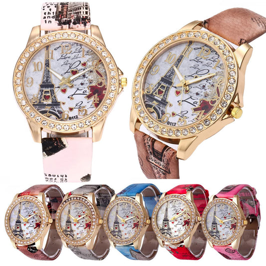 CdyBox Wholesale PU Leather Strap Watch 6 Pack Mother Day Gift Bling Rhinestone Accented Eiffel Tower Ladies Women Watches