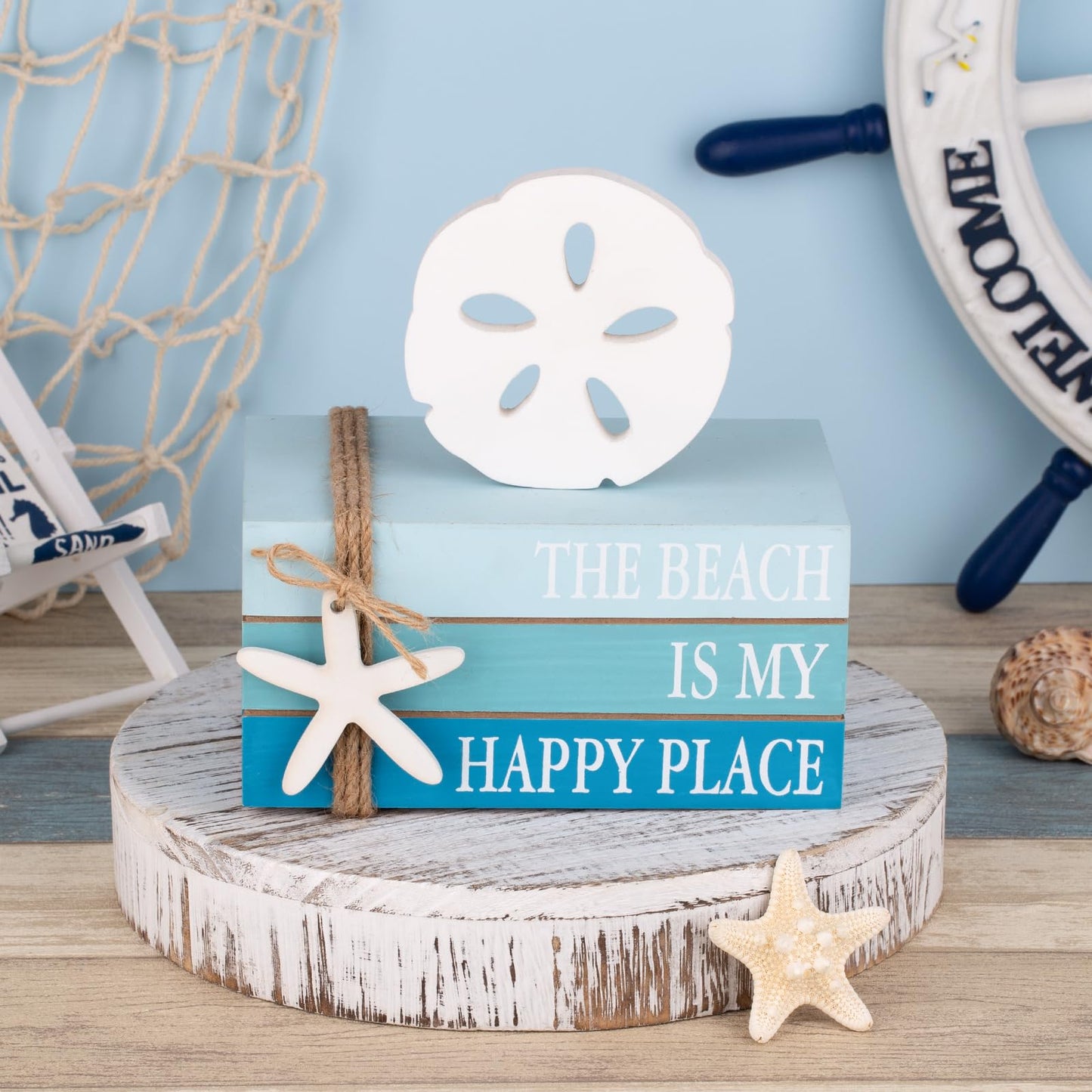 Beach Coastal Decor Stacked Books Set with Starfish & Sand Dollars Accents, Summer Tiered Tray & Blue Wooden Ocean Book Decor for Farmhouse, Beach House, Table Centerpiece