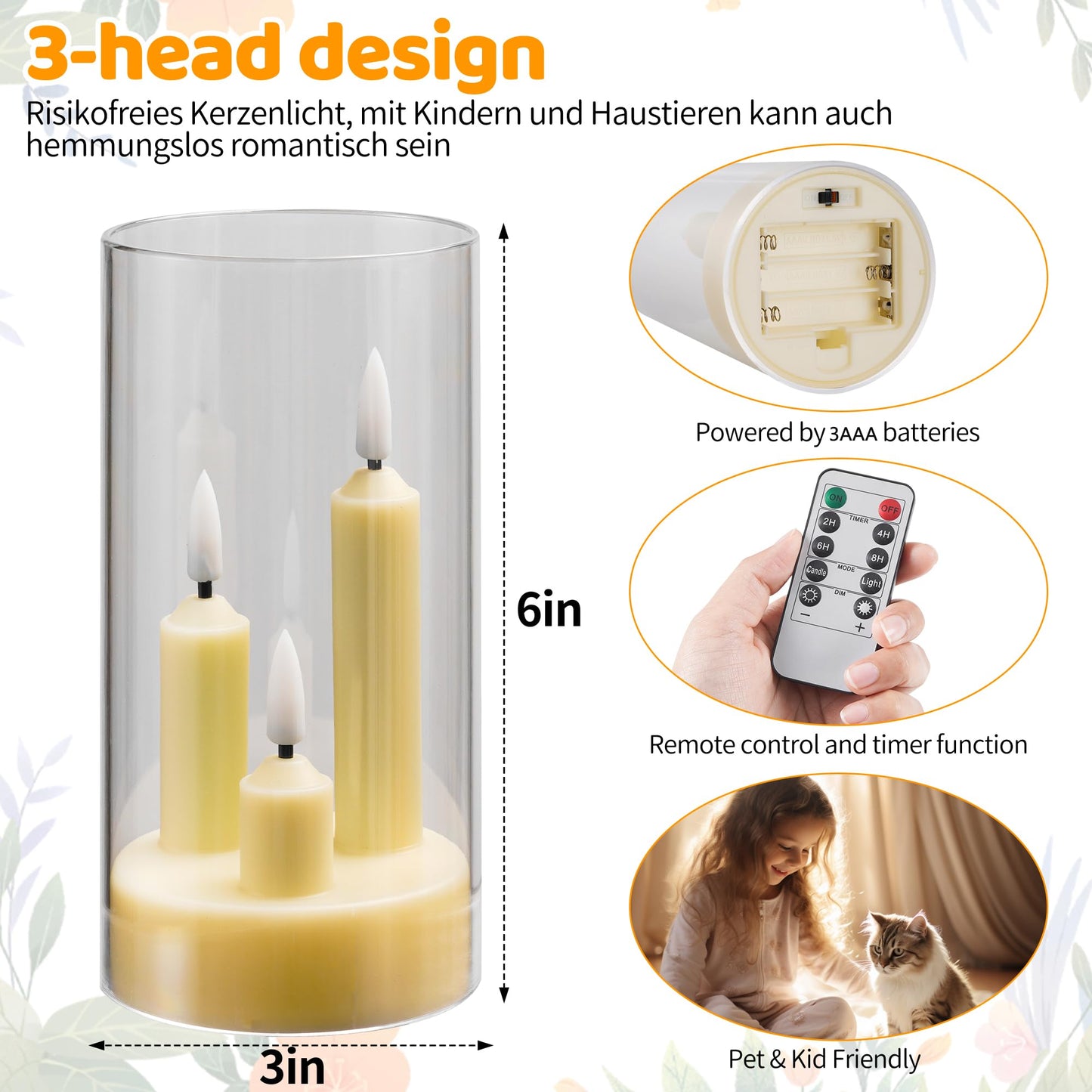 Da by Flameless Candle, Battery-Powered Candle with Remote Control and Timer, LED Three-Wick Pillar Candle, Romantic Wedding, Perfect Home Décor, 2 Pack (Ivory)