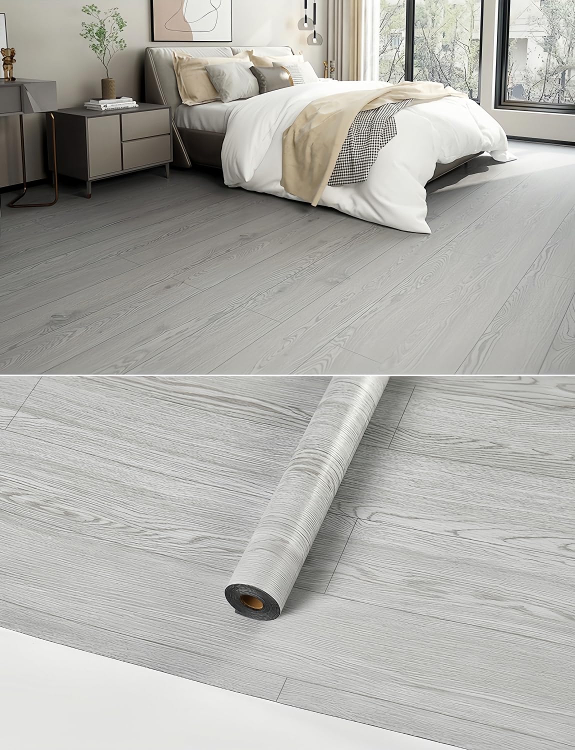 2 Rolls 15.7'' Wide Peel and Stick Floor Tiles FOGZUVR: 25.73 Sq.ft Self-Adhesive Thick Vinyl Flooring, Durable Waterproof Wood Grain Large Plank for Bathroom & Kitchen (Paleish Grey‌, 118''x15.7'')