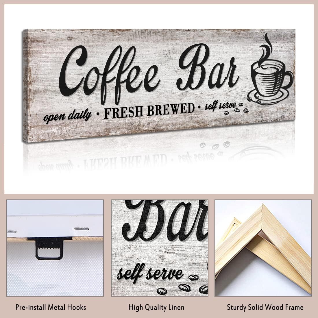 Rustic Wood Grain Coffee Station Decor - Retro Coffee Bar Signs for Kitchen - Self Serve Fresh Brewed Open Daily