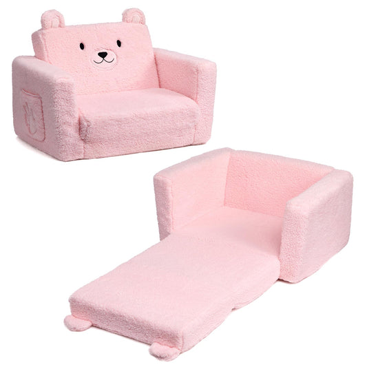 ALIMORDEN Fold Out Toddler Couch, Comfy 2-in-1 Cuddly Sherpa Bear Chair for Kids, Convertible Sofa to Lounger, Kids Cozy Corner Play Couch for Boys and Girls, Pink