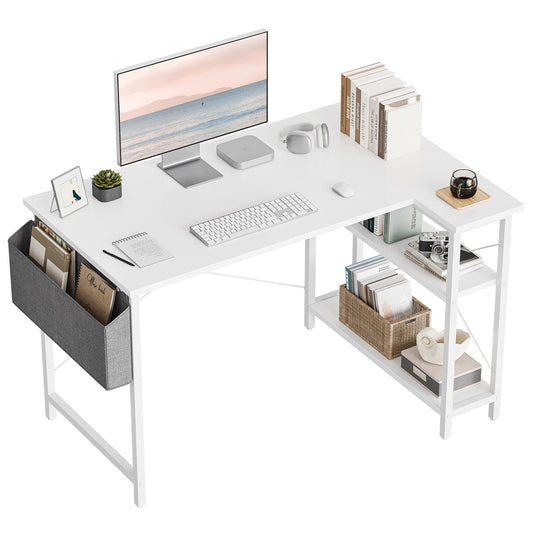 TENKIA L Shaped Desk, 40" Small Reversible Corner Computer Desk with Storage Shelves, Home Office Desk Study Writing Table, White