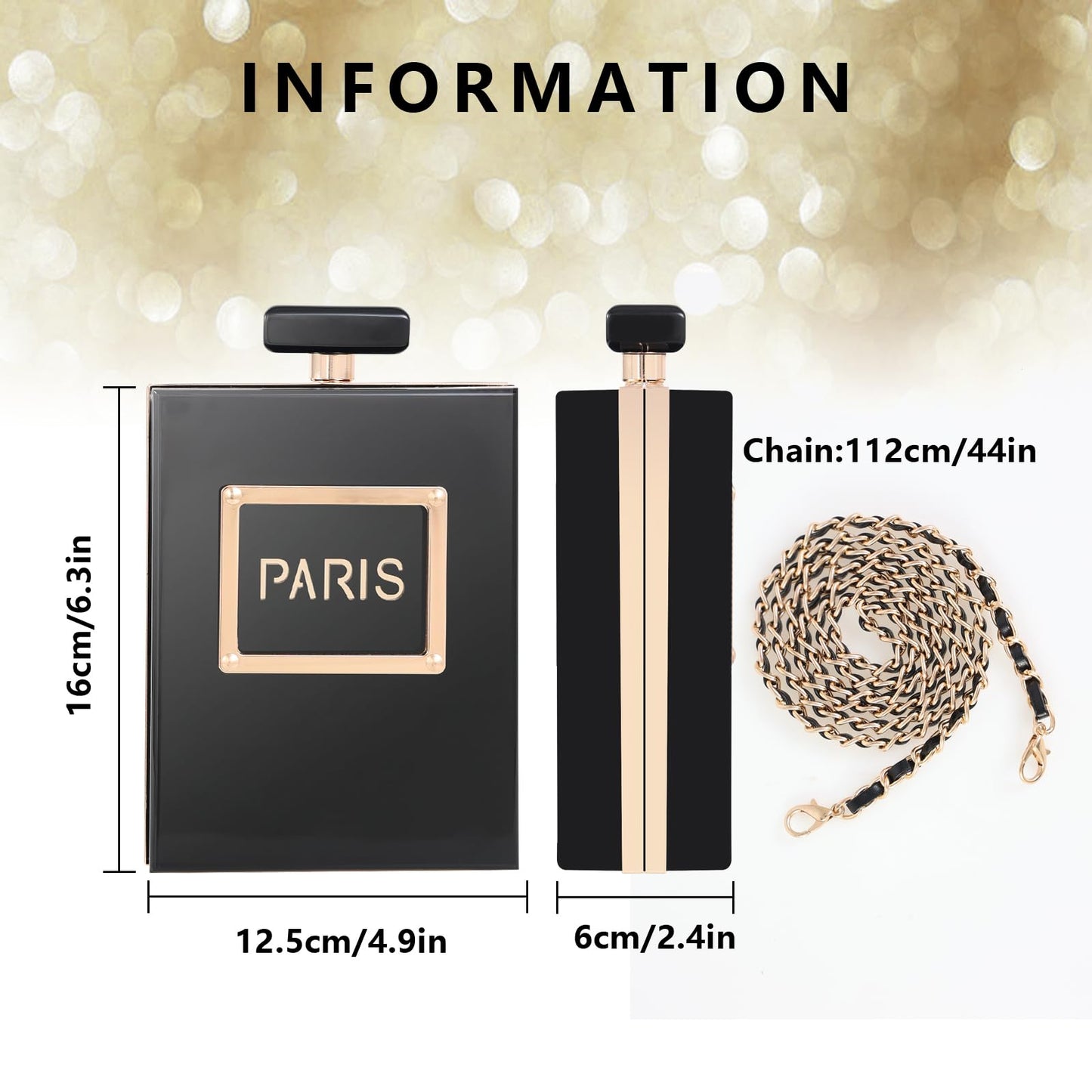 WJCD Clear Purses for Women Paris Perfume Shaped Black Purse Evening Bags Vintage Banquet Handbag (Black)