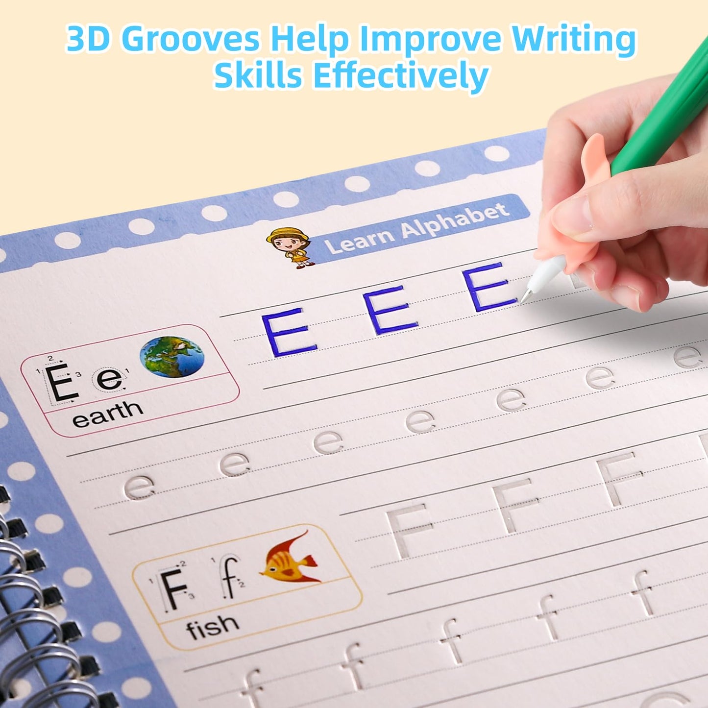 Large Handwriting Practice Books for Kids, Grooved Writing Book Magic Copybooks, Reusable Children's Writing Practice Workbook, Kindergarten Pre-School Essentials(Set of 5 Books)