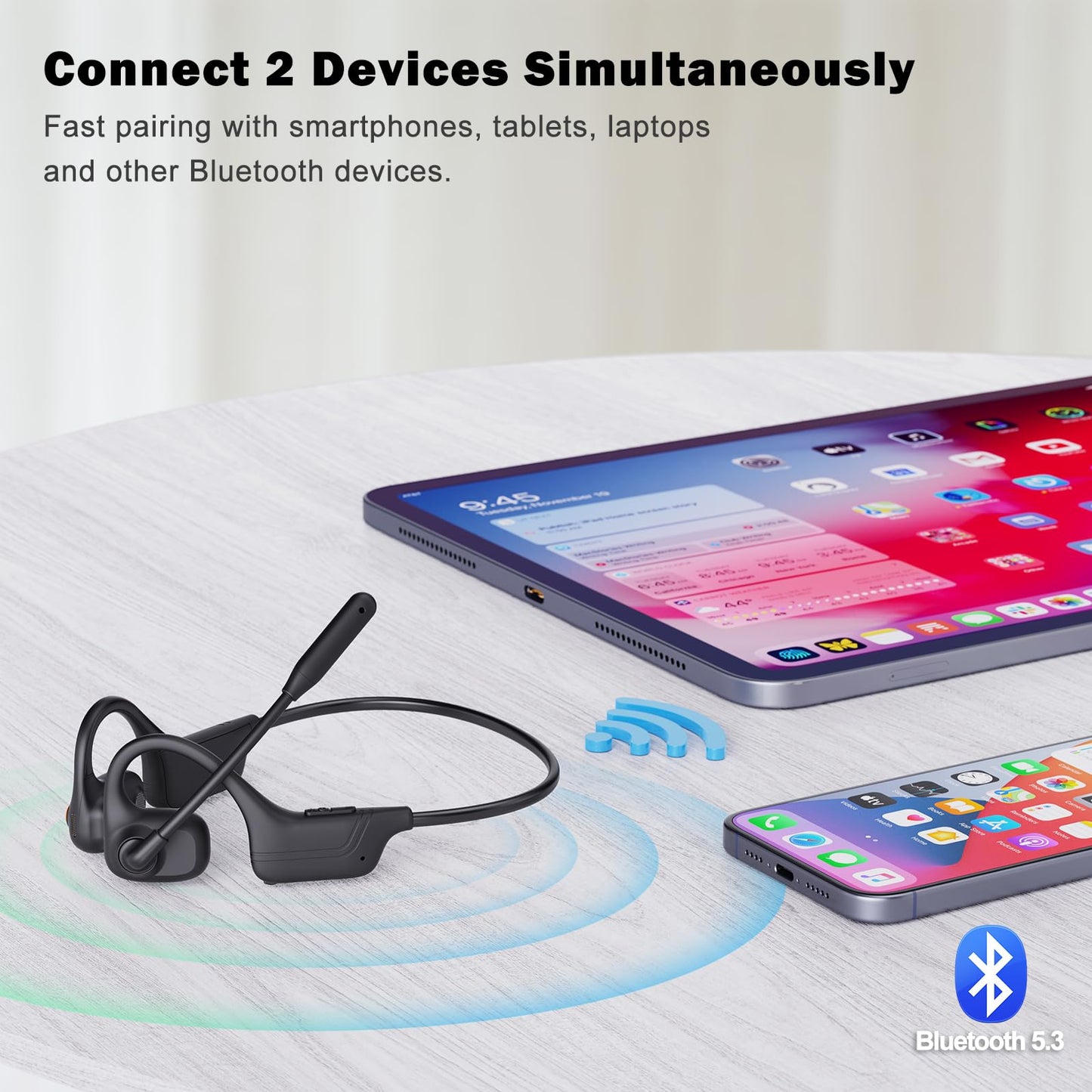 voijump Open Ear Headphones with Mic, Bluetooth Wireless Headset with Microphone, Multipoint Connect Bluetooth 5.3 Headphone, Sweatproof Wireless Headset for Work, Driving, Running, Workouts