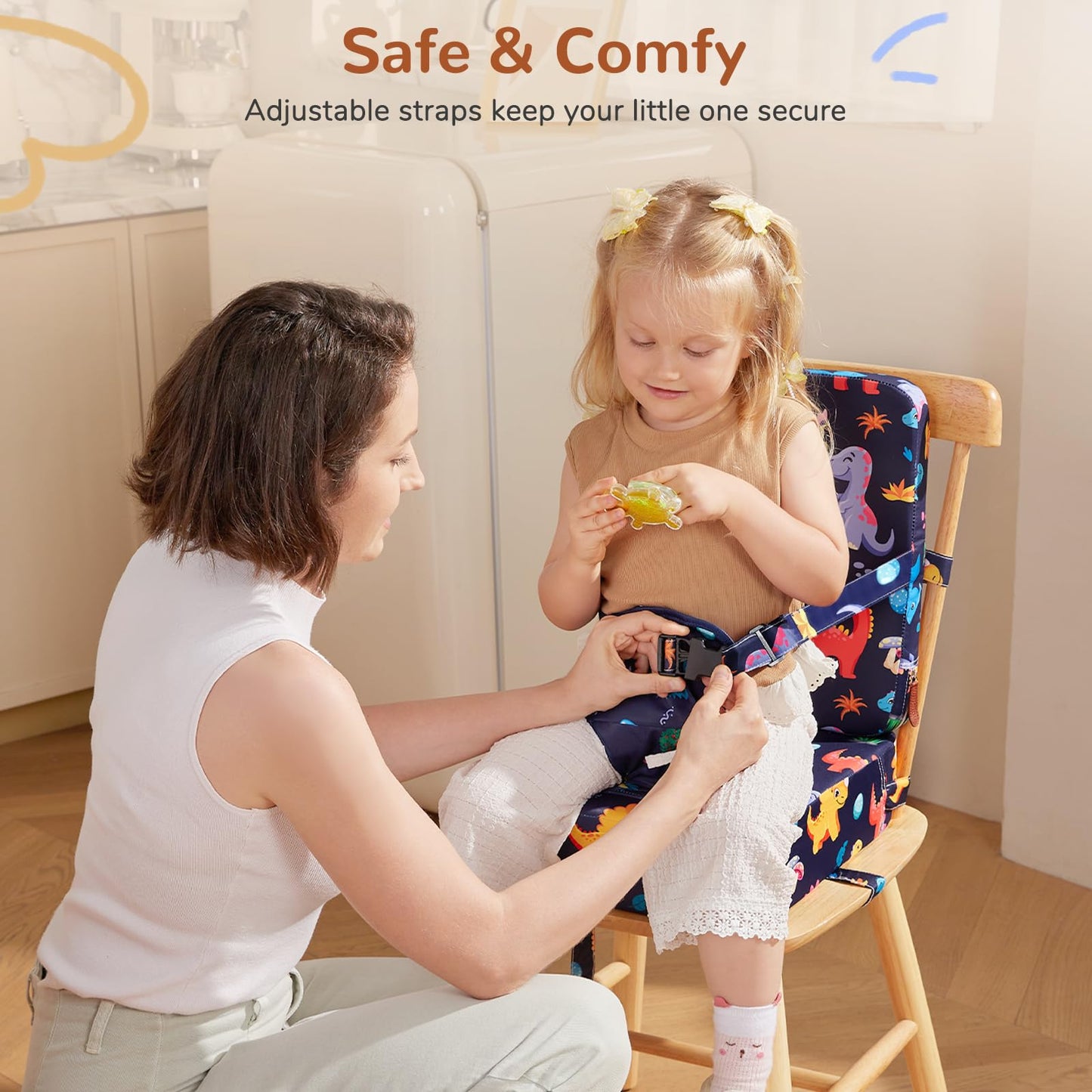 TOTIDYH Toddler Booster Seat for Kitchen Chair, Non-Slip Bottom Dining Table Booster Seat with Backrest and Adjustable Straps, Portable Eating Travel Increasing Cushion