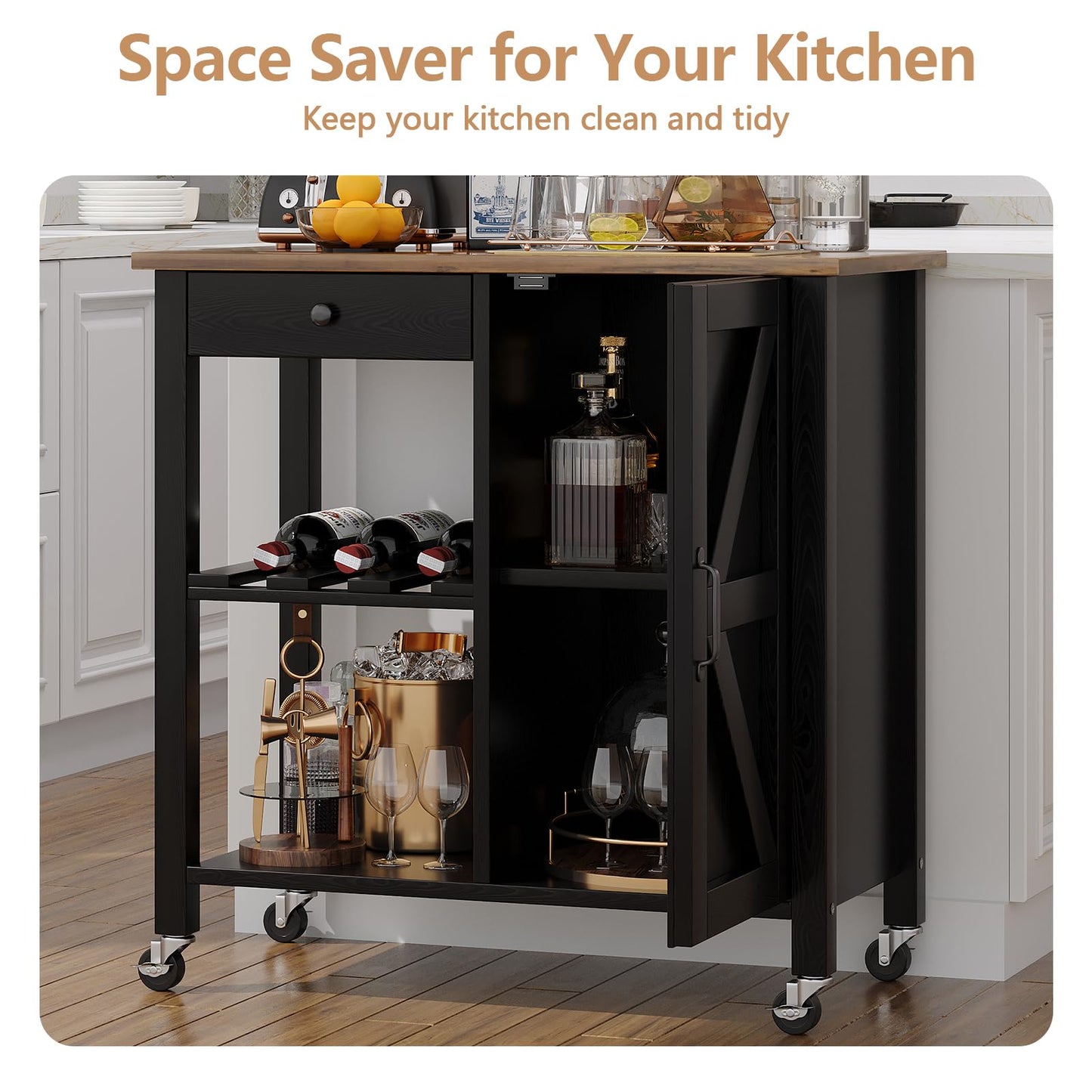 4 EVER WINNER Black Kitchen Island Cart with Storage, Farmhouse Rolling Portable Bar cart with Wine Rack,Small Islands Cart on Wheels for Kitchen
