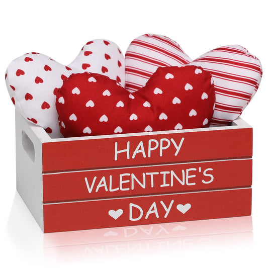KORMMCO Valentine Decor Wooden Created with 3 PCS Fabric Heart, Valentines Table Centerpiece,Farmhouse Table Decor for Tiered Tray, Valentine's Home Kitchen Decor,Red