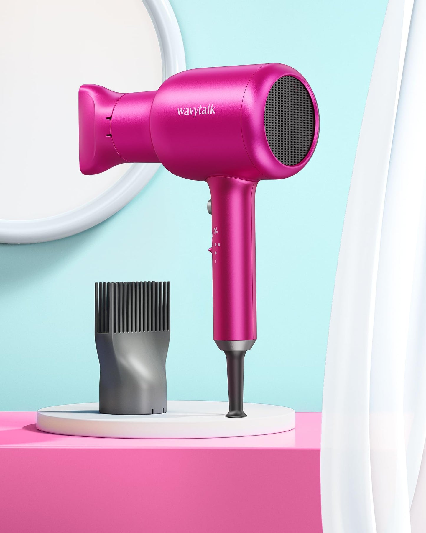 Wavytalk Hair Dryer with Diffuser, Blown Away Ionic Hair Dryer for Curly Hair, 1875W Fast Drying Blow Dryer with Ceramic Technology, 3 Attachments for All Hair Types, Light and Quiet, Hot Pink