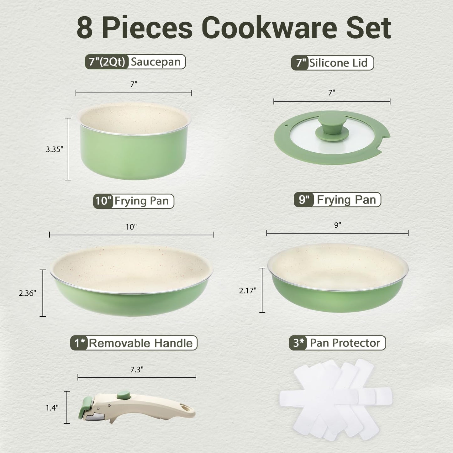 M MELENTA Pots and Pans Set Non Stick, 8pcs Granite Cookware Set, Detachable Handle Pots and Pans, Nonstick Induction Cookware with Removable Handle, Oven Safe RV Cooking Set, Green