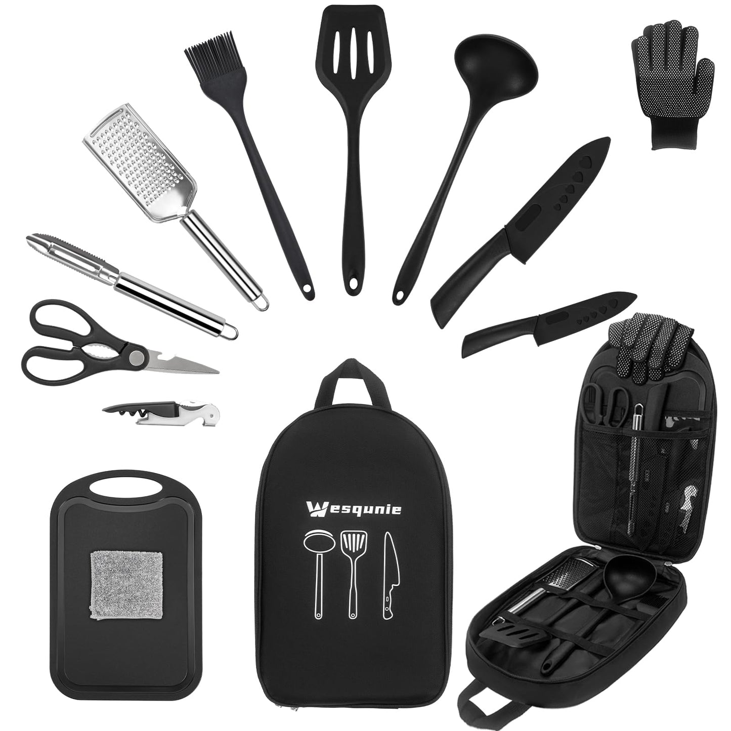 Camping Essentials Cookware Cooking Utensils Set - Portable Camp Kitchen Mess Kit Outdoor Accessories, Stainless Steel & Silicone, Camping Gear Equipment for RV Picnic Grill