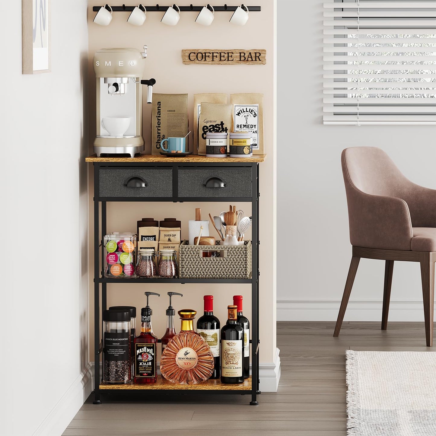 X-cosrack Coffee Bar Stand Station with 2 Storage Drawers, 3-Tier Farmhouse Corner Coffee Table & Cabinet,Large Capacity Coffe Bar Organizer for Living Room, Entryway,Kitchen - Patent