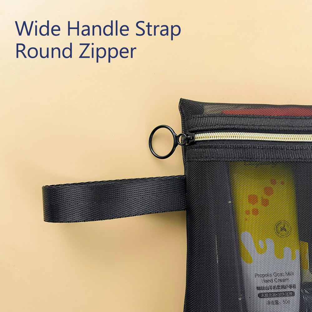 Mesh Cosmetic Bags with Zipper and Handle, Breathable Organization Pouch Pocket for Travel Purse Makeup Toiletry Office Home to Storage Items, 3pcs Black Assorted Sizes 9x8 8x6 6x4 inch