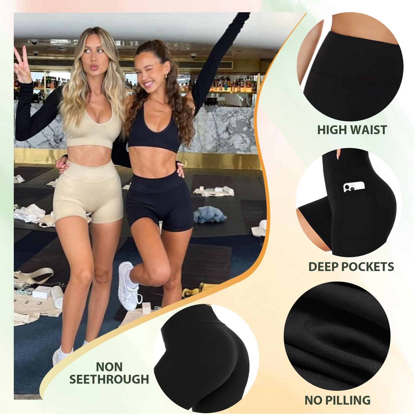 iaoja 3 Pack Biker Shorts for Women with Pockets- 5'' High Waisted Tummy Control Workout Yoga Black Running Shorts