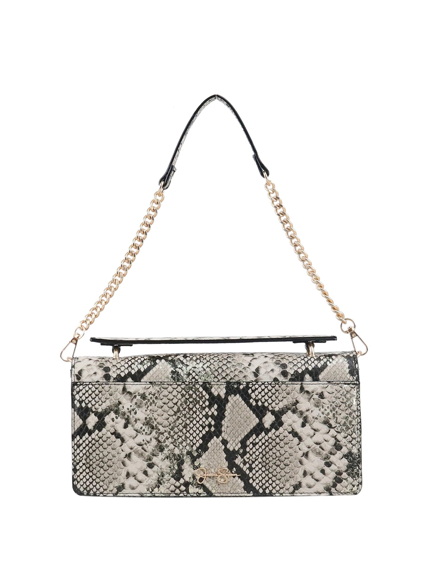 Jessica Simpson Brooke Clutch, Stylish Shoulder Bag with Chain Strap Accents, French Latte Metallic Gold Python