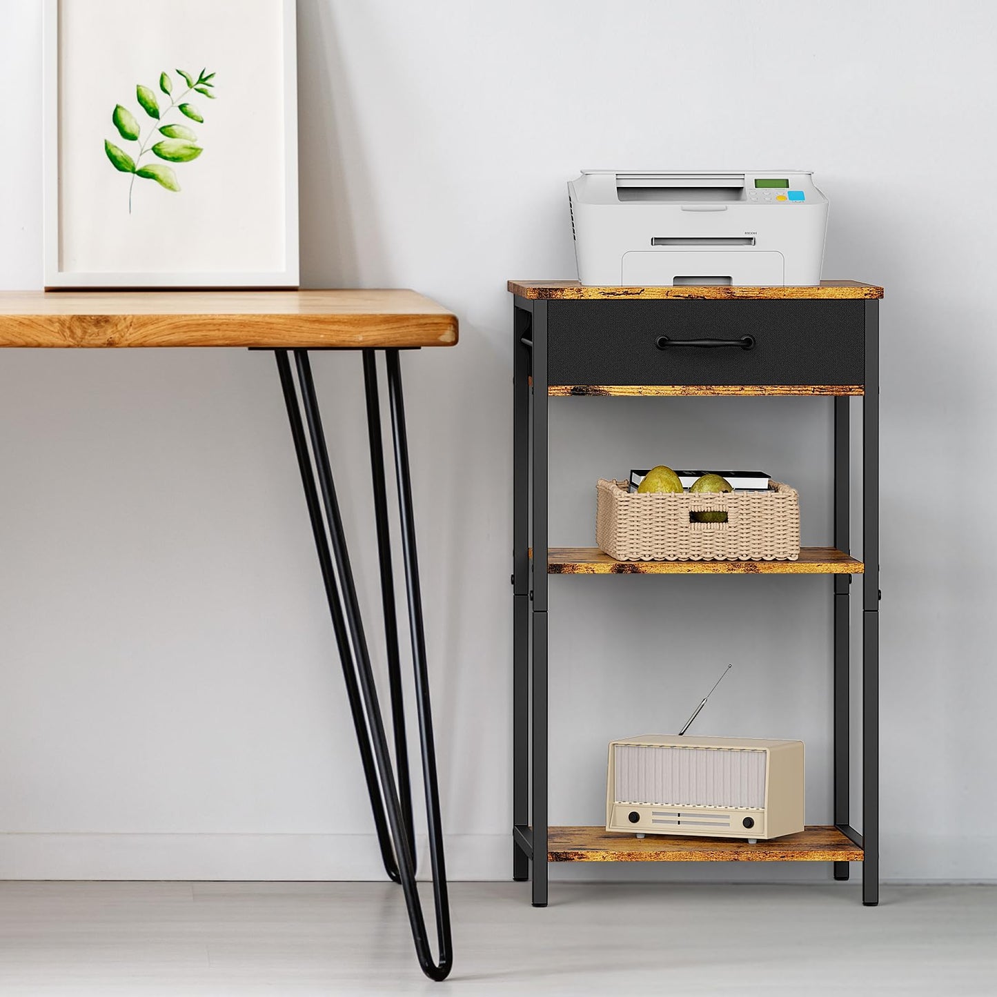NORCEESAN Printer Stand with Storage, 3 Tier Printer Table for Small Spaces Nightstand with Fabric Drawers Office Side Table with Shelves Industrial Wood Night Stand for Home, Rustic Brown