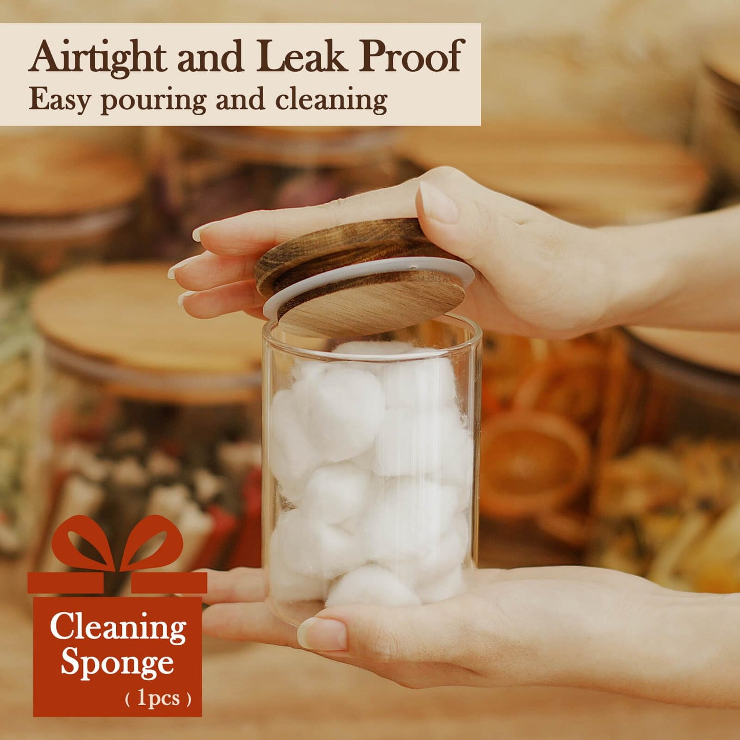 Labina Qtip Holder Glass Bathroom Organizer Storage Canisters with Wooden Lid, 10oz Jar for Cotton Balls Swabs Dispenser and Bathroom Essentials