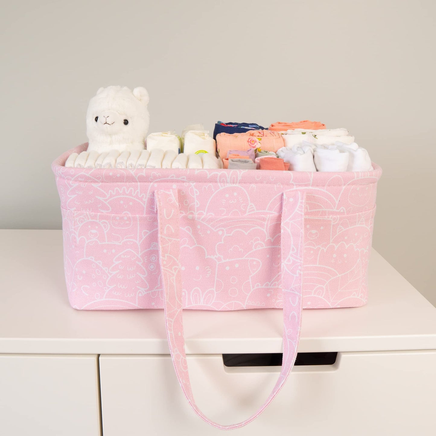 Baby Diaper Caddy Organizer Basket for Nursery Changing Table - Car Storage Tote Bag for Nappy, Diapers, and Wipes - Newborn Registry Shower Gift for Girl and Boy Must Haves - Travel Bin (Pink)
