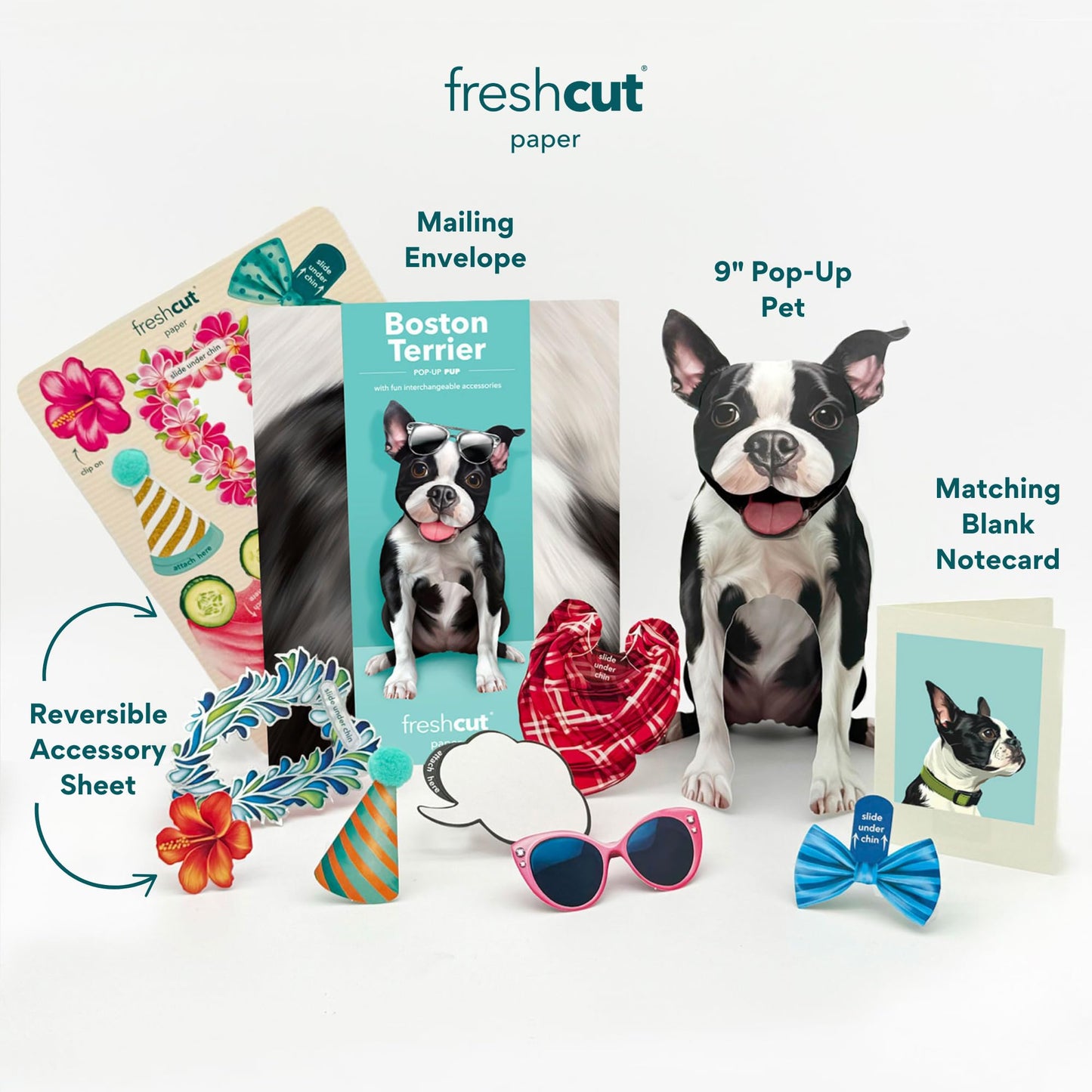 Freshcut Paper Pop Up Pet Cards, Gifts for Dog Lovers, Birthday Cards with Accessory Sheet, Note Card & Envelope, 3D Popup Greeting Card, Boston Terrier