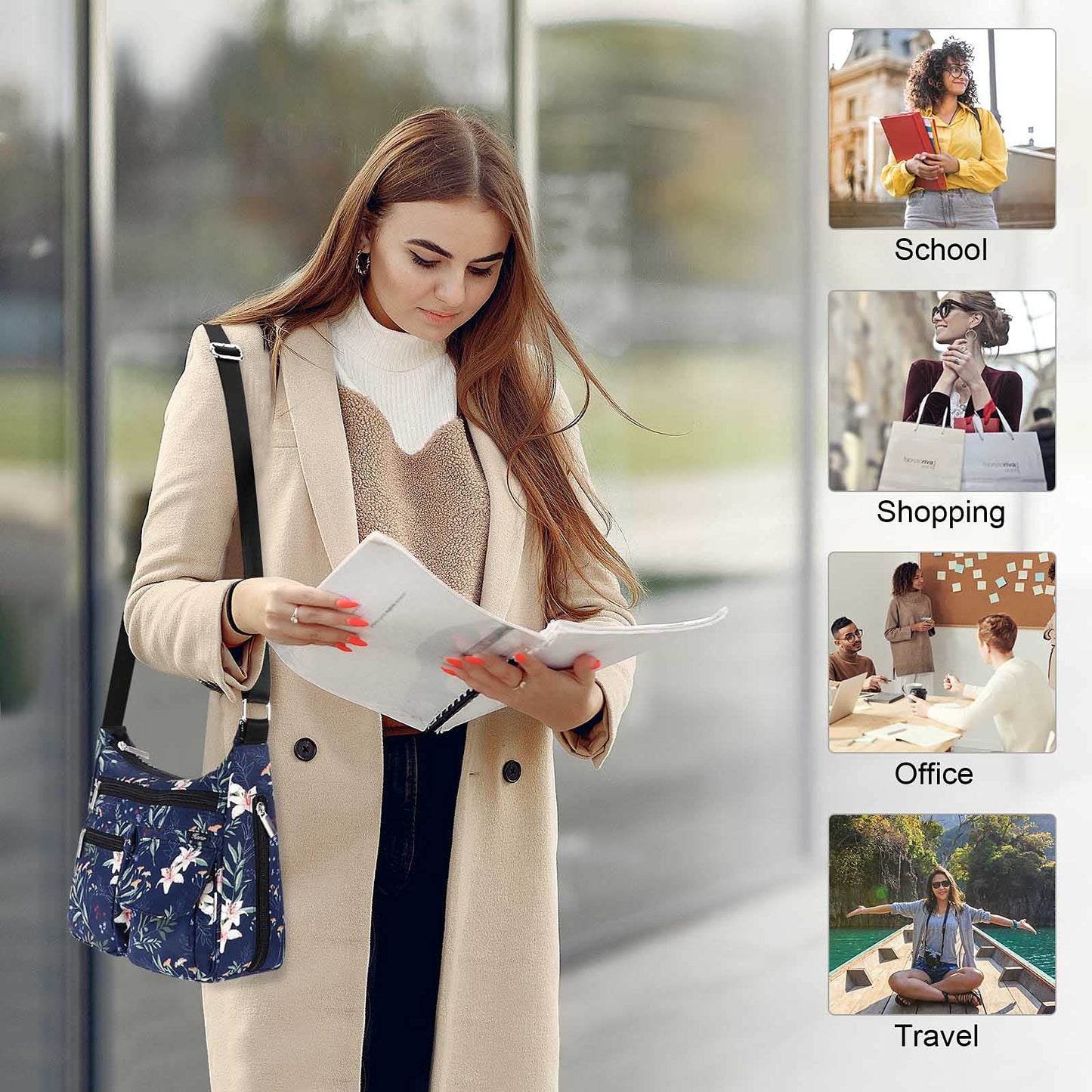 Kamo Crossbody Bag for Women - Multi-pocket Shoulder Bag Lightweight Messenger Bag Casual printed Purse Handbag Travel Bag