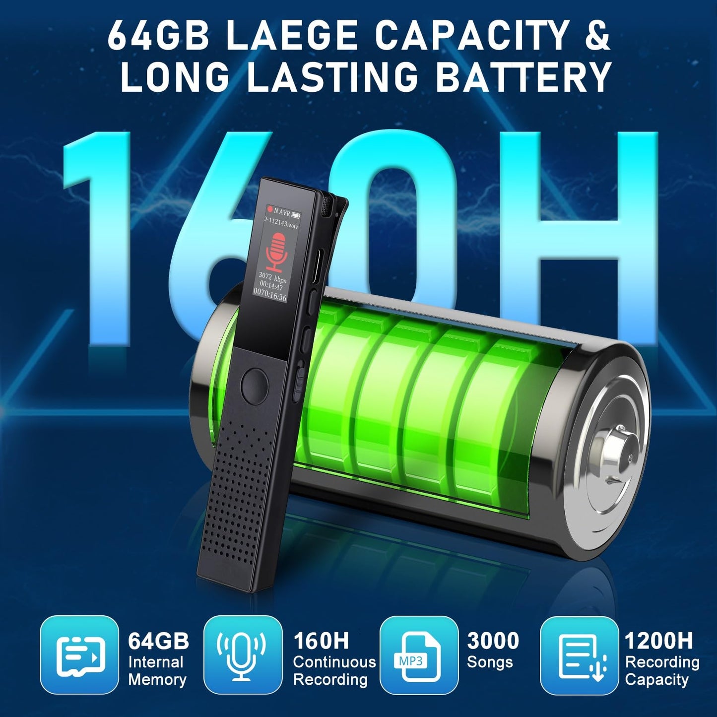 WearHome 64GB Digital Voice Recorder - Bluetooth Playback, 3072KBPS Voice Activation, Password Protection - Ideal for Lectures, Meetings, Interviews.