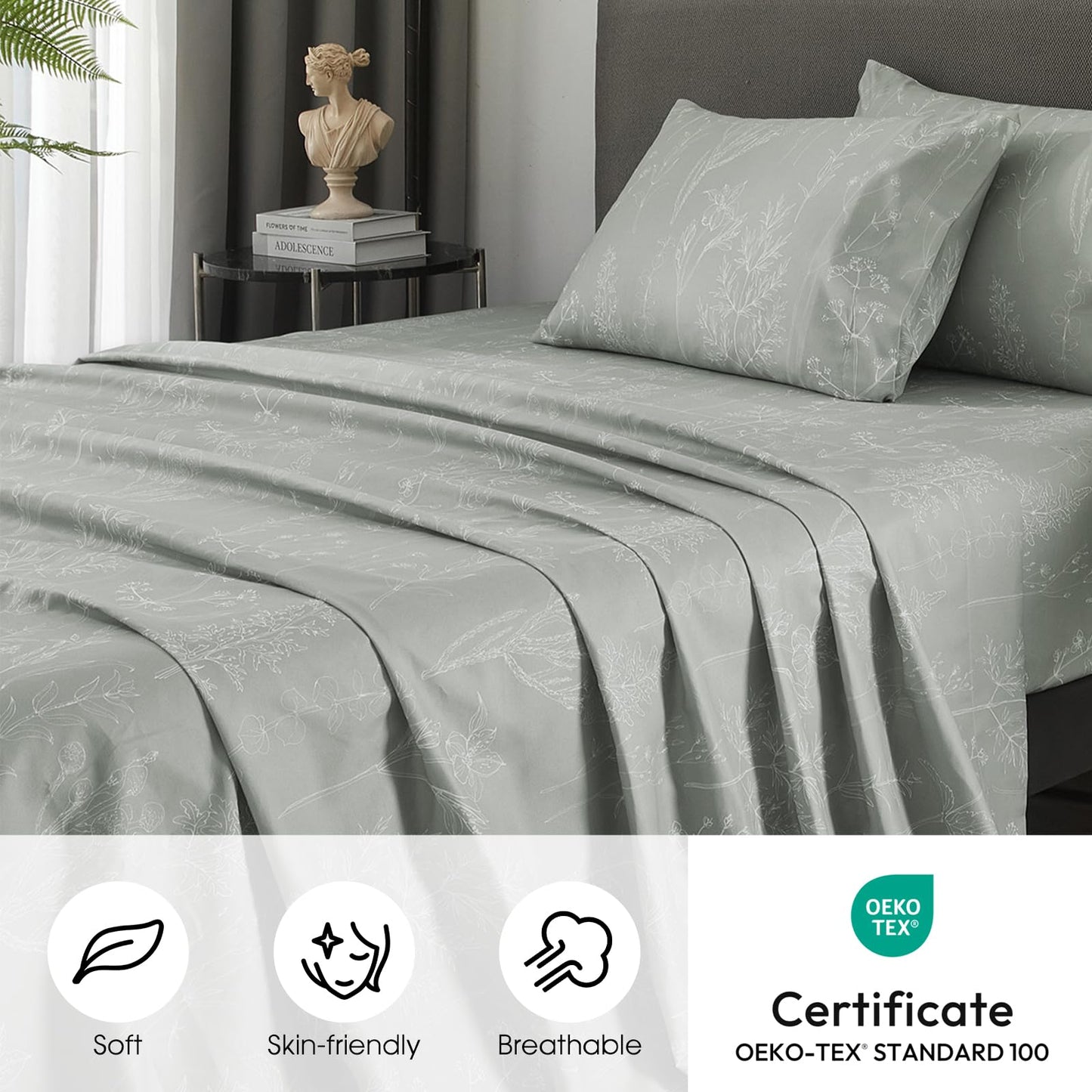 HYPREST Grey King Size Sheets, 18 Inch Deep Pocket King Sheets Botanical Pattern Sheet Luxury Rustic Soft Hotle Quality-1800 Threat Count