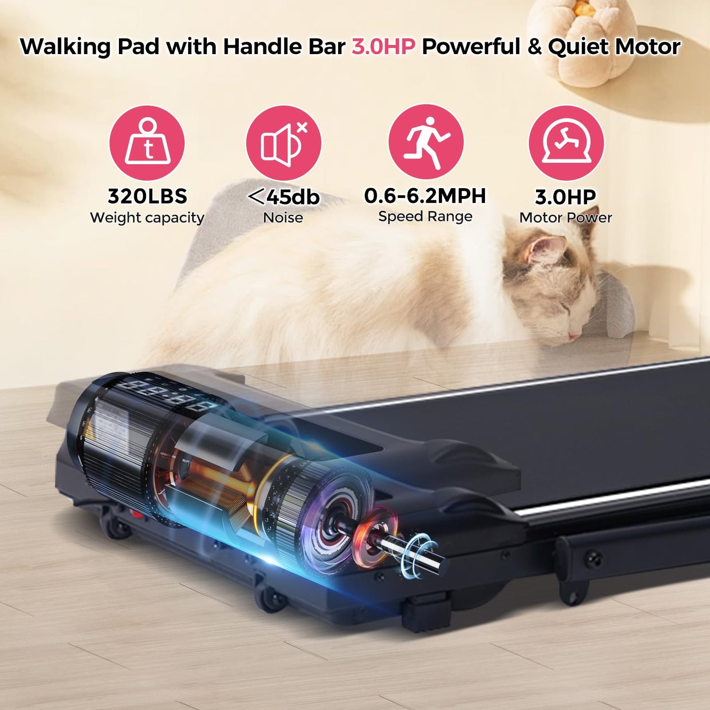 Portable Foldable Treadmills for Home Small with Handles, 3.0HP Small Folding Walking Pad Treadmill with Handle Bar with 320 LBS Capacity, Electric Compact Treadmill Home with LED Display