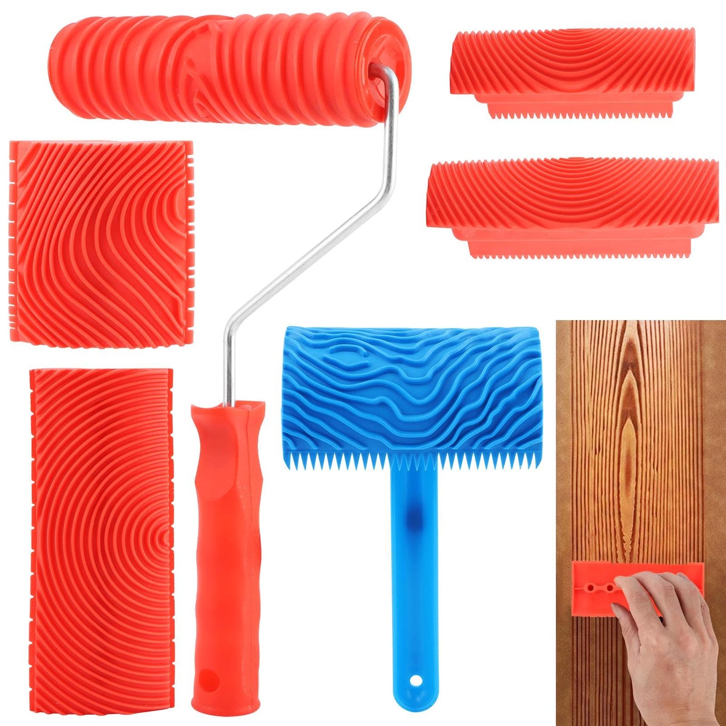 6pcs Wood DIY Graining Tool, Soft Rubber Wood Grain Paint Tool Set, Textured Pattern Roller with Handle, Washable Wood Grain Tool for Wall Floor Furniture Room Decoration(Red+Blue)