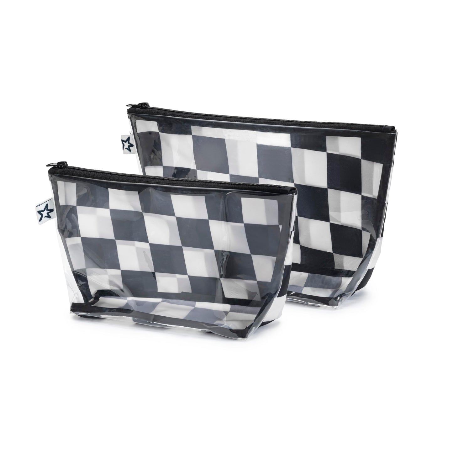 Tiny Twinkle Mess-proof Travel Bags, Airline Compliant, Zipper Closure, Clear Front Pouch, Diaper Bag Packing, Toiletry or Cosmetics Organizer 2 Pack Set (Black Checkers)