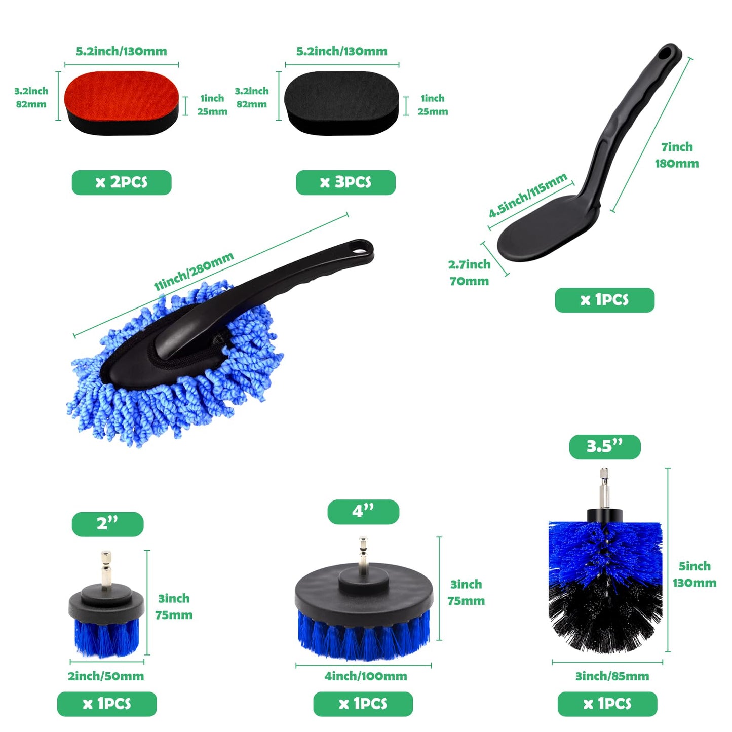 Yauhar 10Pcs Car Detailing Cleaning Tools Kit Contains Tire Dressing Sponge Brush, All Purpose Drill Brush Set Attachment and Microfiber Car Dash Duster Brush for Auto Care