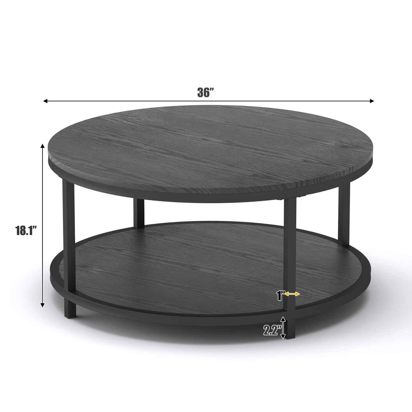 WiberWi Round Coffee Table Black 35.8" Circle Coffee Tables for Living Room Rustic Industrial Design with Sturdy Metal Frame Legs and Open Storage Shelf, Easy Assembly