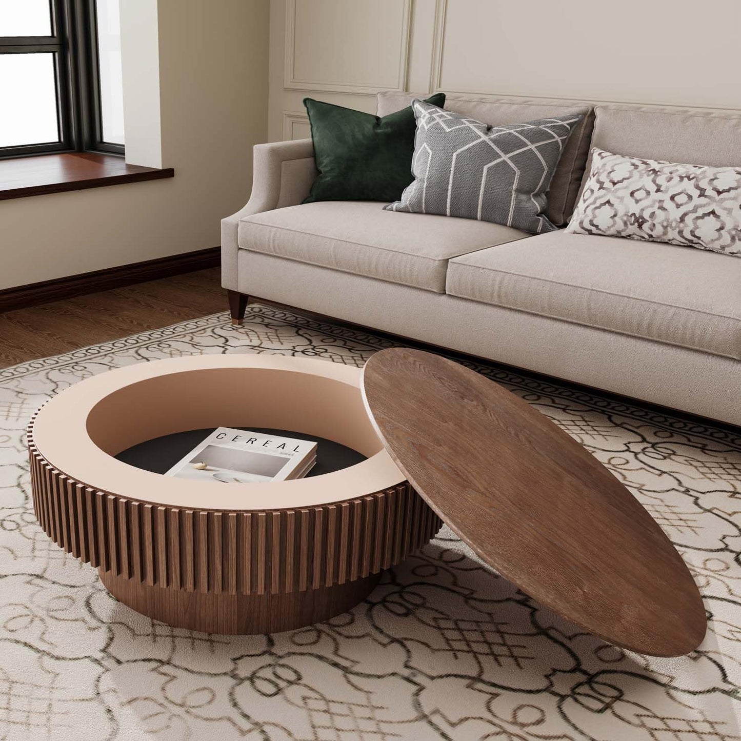 Round Coffee Table with Storage, Modern Wooden Coffee Table with Solid Wood Veneered, Circle Center Table Accent Tea Table for Living Room Apartment Small Space (31.5''L × 31.5''W × 14''H, Walnut)