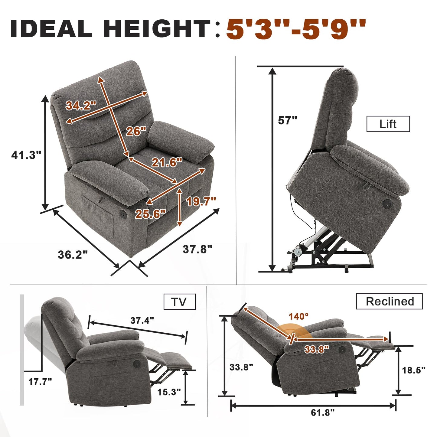 Power Lift Recliner Chair for Elderly, Oversized Electric Recliner for Adult, Chenille Fabric Lift Chair USB Ports(Grey)