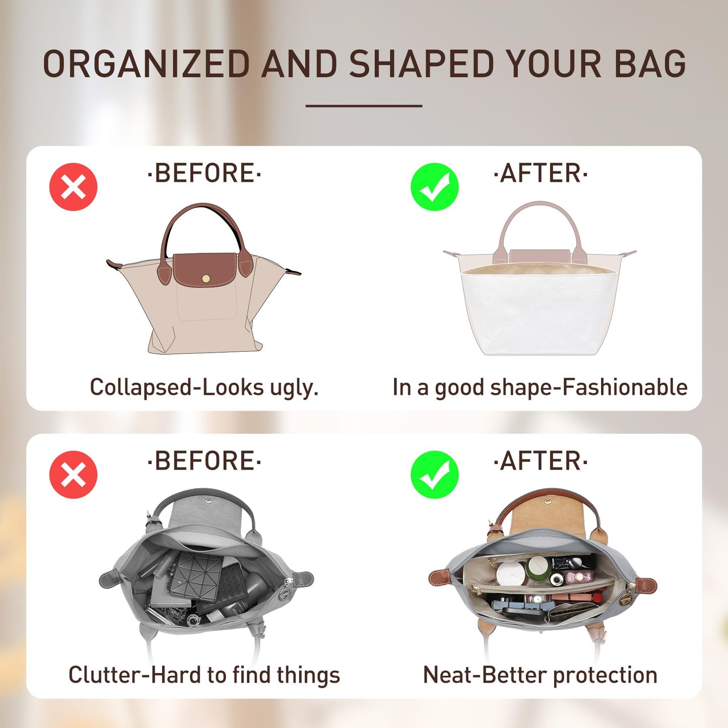 Doxo Upgraded longchamp Organizer Insert, Bag Organizer Insert for Long Champ Large and More, Ultra-light Waterproof DupontPaper le pliage Large Organizer, Keeps Tote Handbag Neat(White,L)