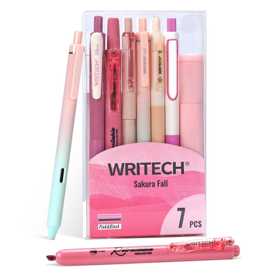 WRITECH Gel Pens Journaling Highlighters: Journal Set Aesthetic Assorted Pastel Color Ink 0.5mm Fine Point Retractable 0.7mm Black Pen Smooth Writing Drawing No Bleed 7ct (Pink)