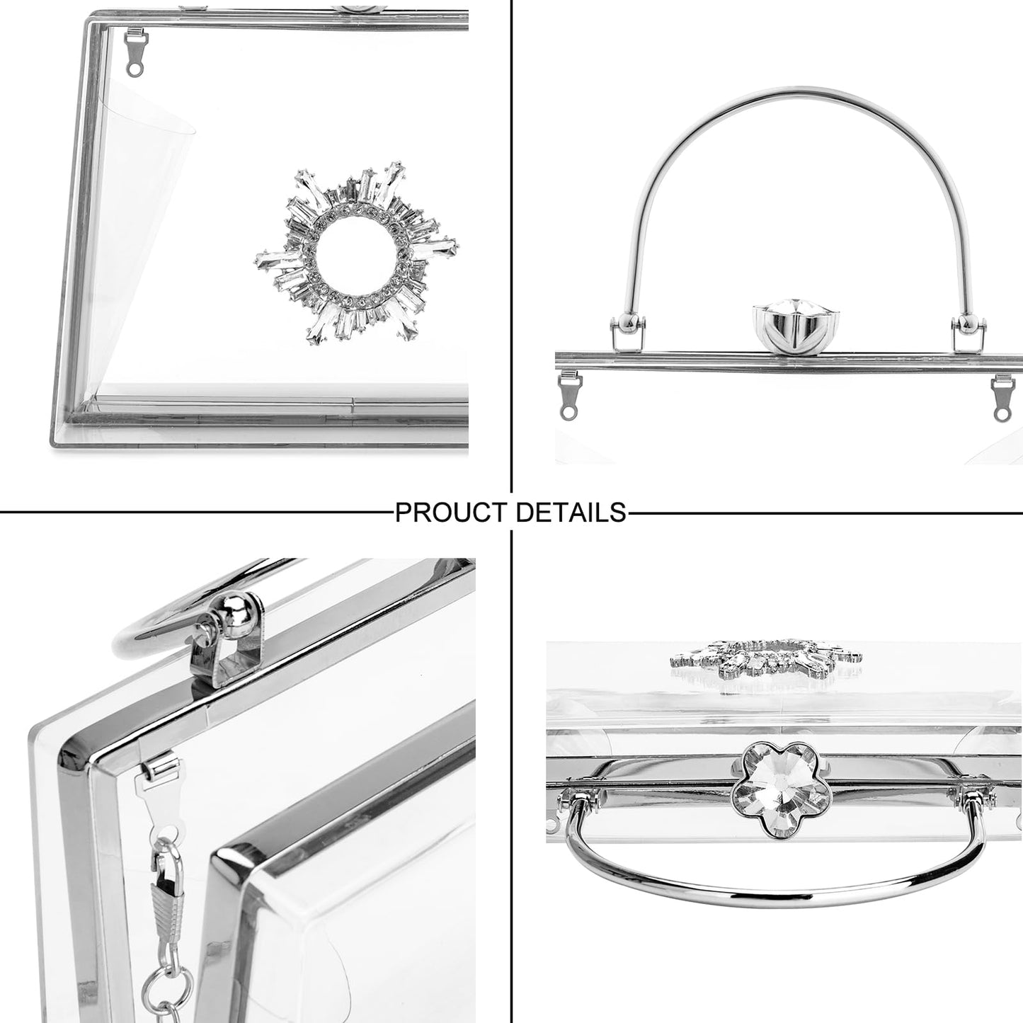 Rkrouco Women's Clear Purse Acrylic Clear Clutch Bag, Shoulder Handbag With Removable Chain-Silver