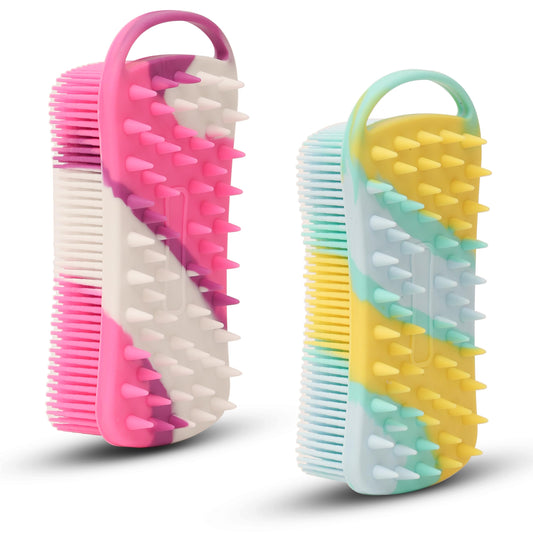 2 PC Silicone Exfoliating Body Scrubber, 2 in 1 Silicone Body Shampoo Brush, Soft Silicone Loofah for Sensitive Skin, Shower Silicone Hair Scalp Massager, Easy to Clean, Lather Well (Purple&Yellow)