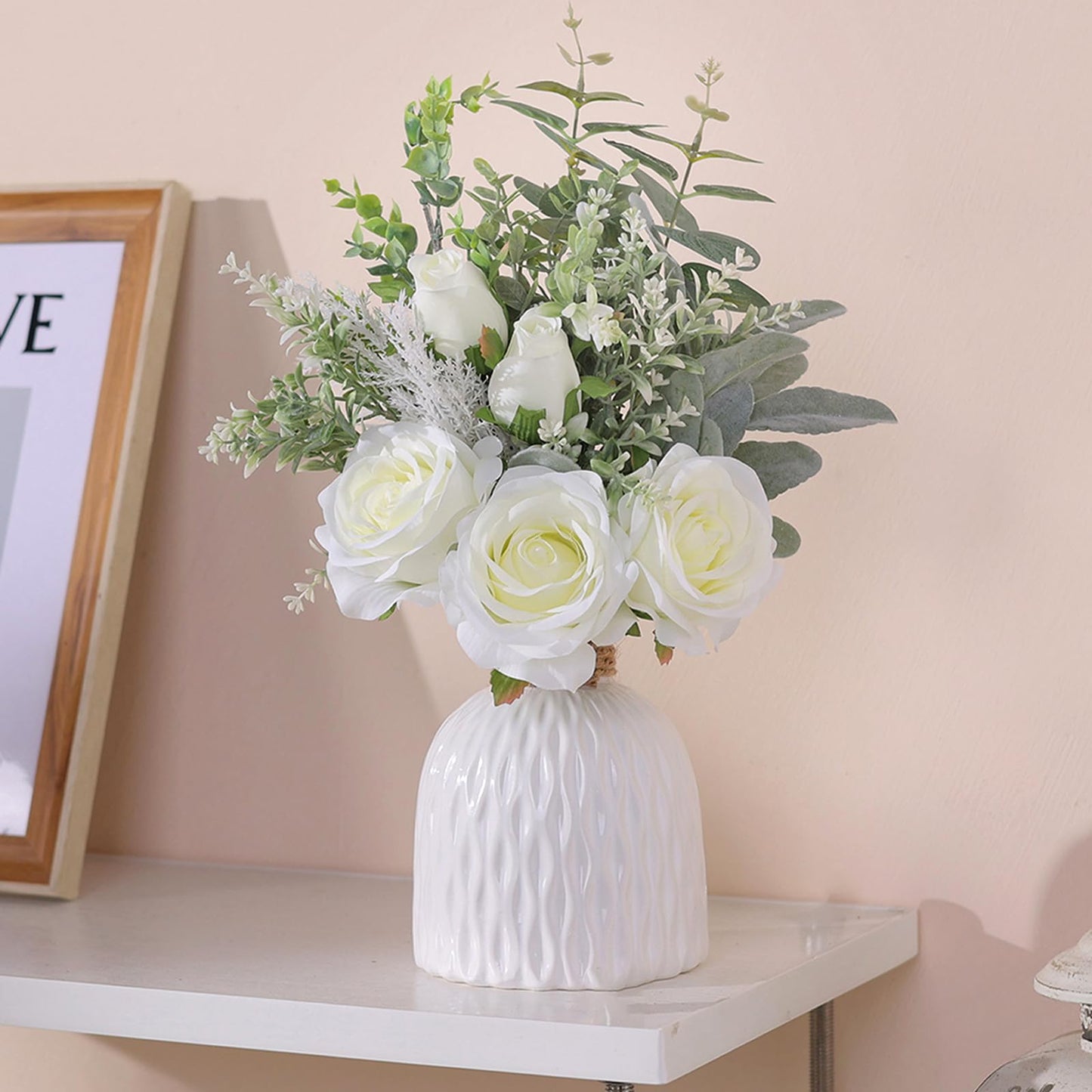 FOTEEWL Artificial Flowers with Ceramic Vase,Faux Silk Roses and Fake Plant Eucalyptus in Vase for Centerpiece Table Decorations, Living Room,Dining Table,Fireplace,Office,Farmhouse,Home Decor(White)