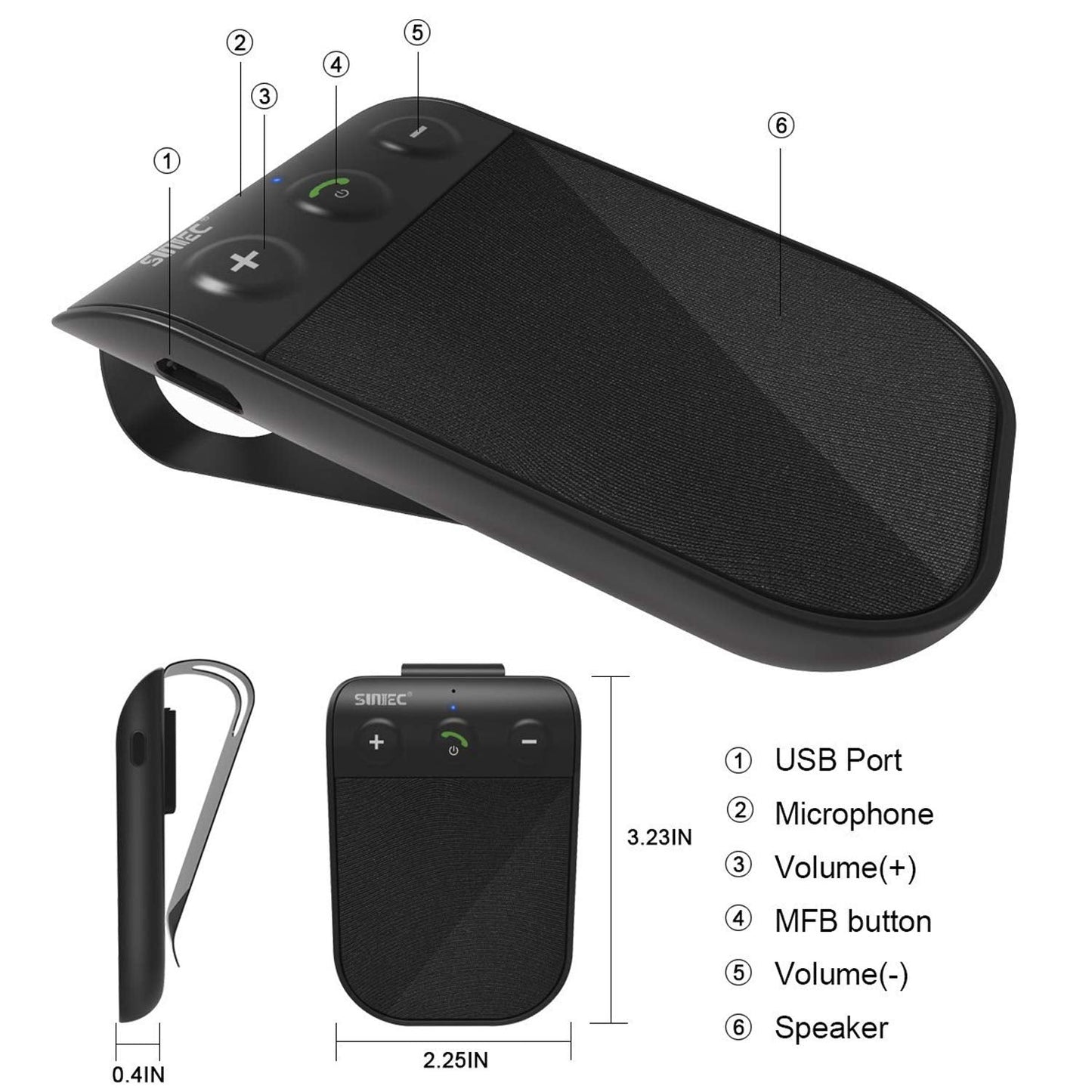 Bluetooth Speaker for Car, Handsfree Bluetooth Speaker Phone for Cell Phone Car Kit, AUTO Power ON Off Support Siri Voice Assistant, Wireless Kit with Visor Clip