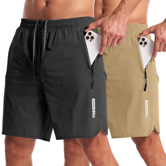 CANGHPGIN 2 Pack Mens Workout Athletic Shorts 7 inch Inseam Quick Dry Hiking Shorts Men Lightweight Sports Gym Shorts Running Khaki/Black