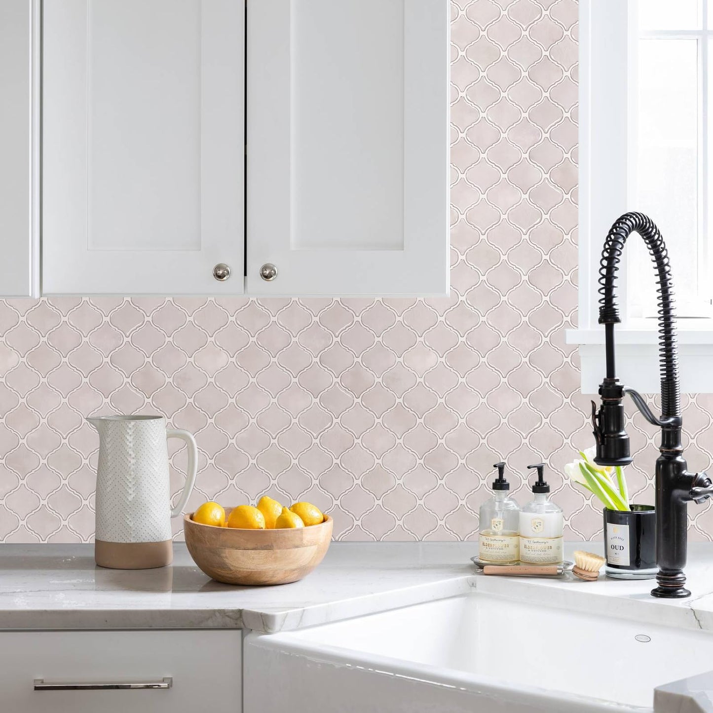 STICKGOO Arabesque Peel and Stick Backsplash, 12”X12” Backsplash Tile for Kitchen Peel and Stick, Self Adhesive Wall Tile Stick on Tiles (Pink Grey)