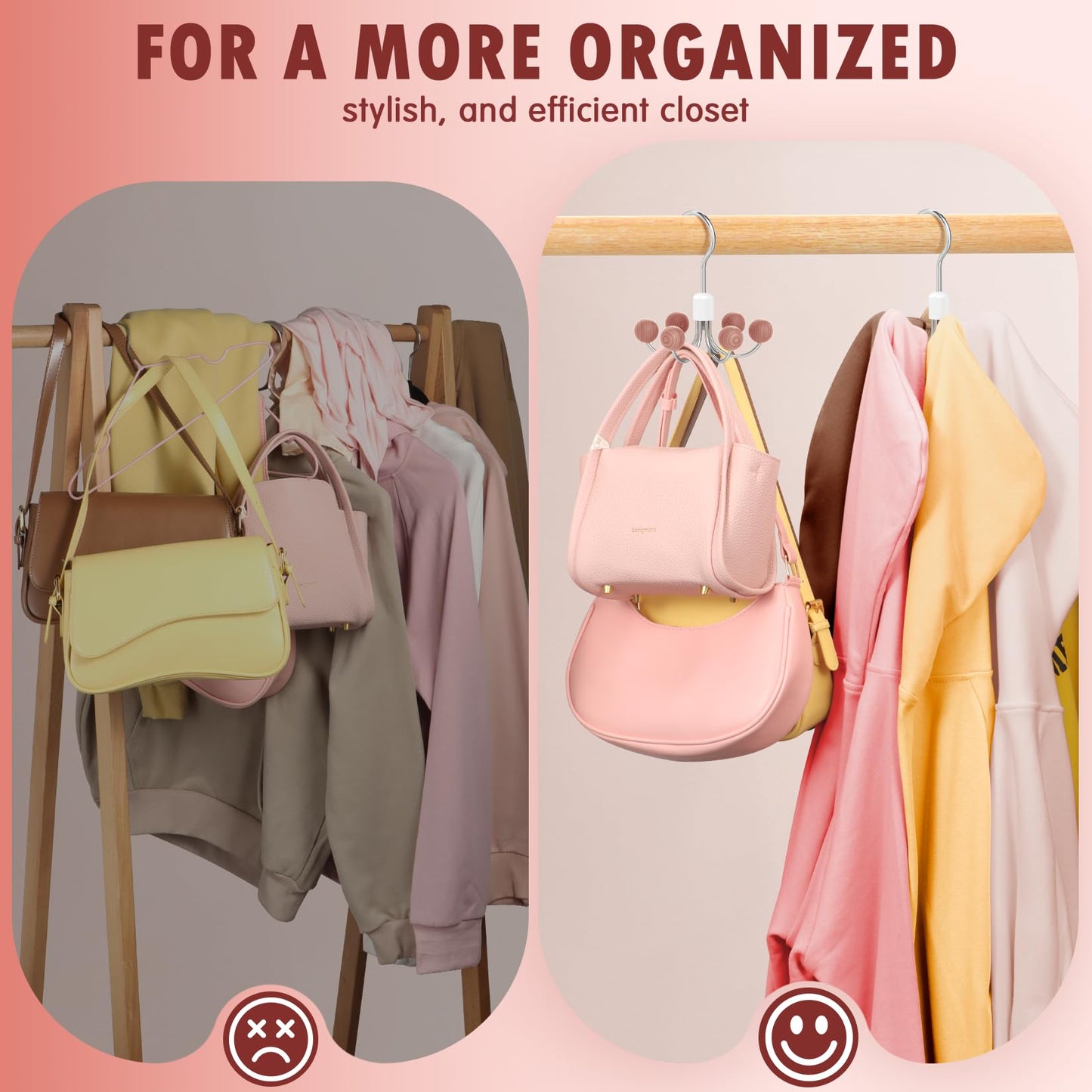 DOIOWN Purse Organizer,2 Pack Space Saving Purse Hangers for Closet,Multi Purpose Rotating Tank Top Hangers for Bags, Bras,Scarfs,Ties, Hoodies, Hat Closet Organizers and Storage