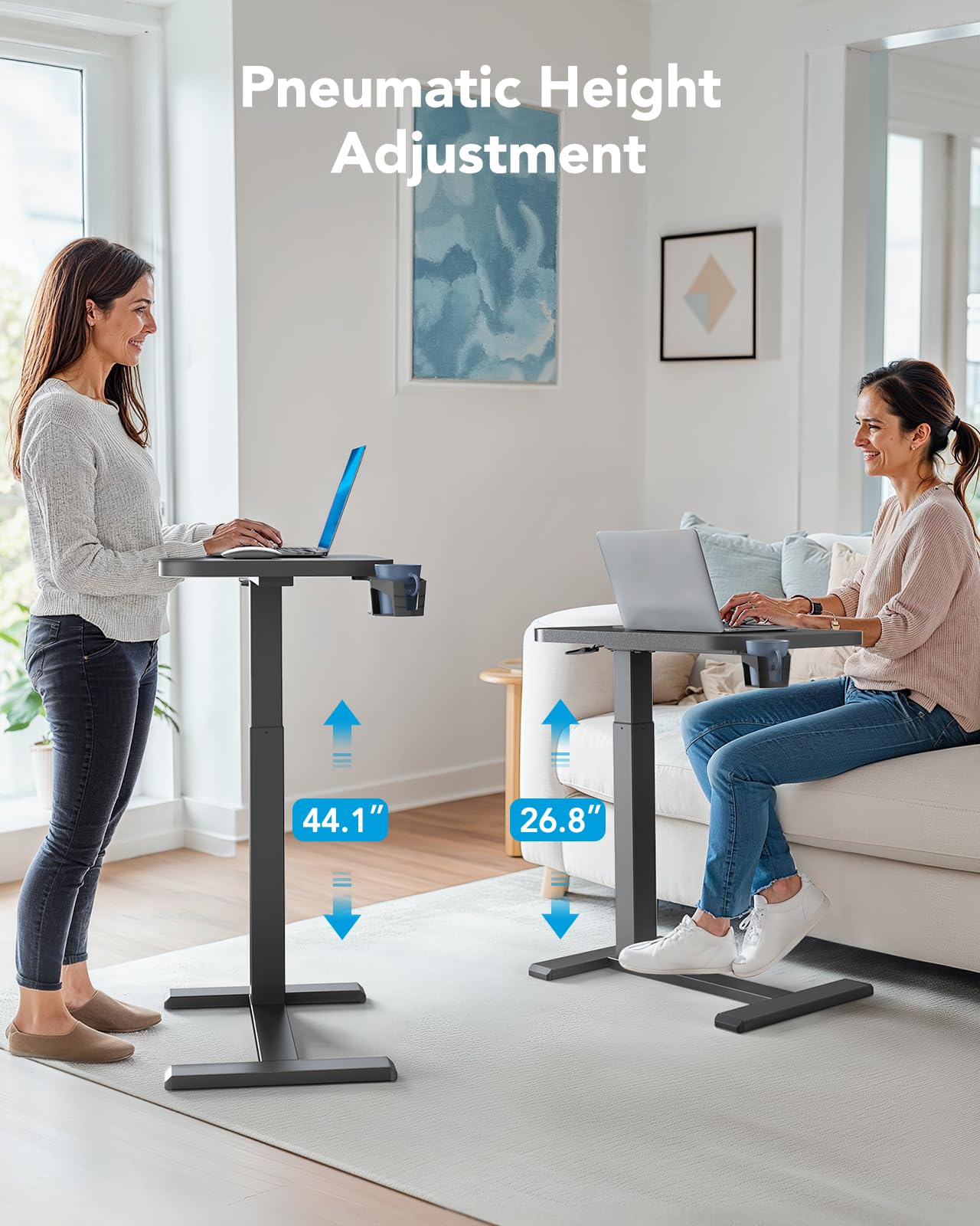 HUANUO Bedside Table with Wheels, Height-Adjustable Rolling Computer Cart, Overbed Table with Cup Holder, Pneumatic Laptop Standing Desk for Home Office, Black (31.5" x 17.7")