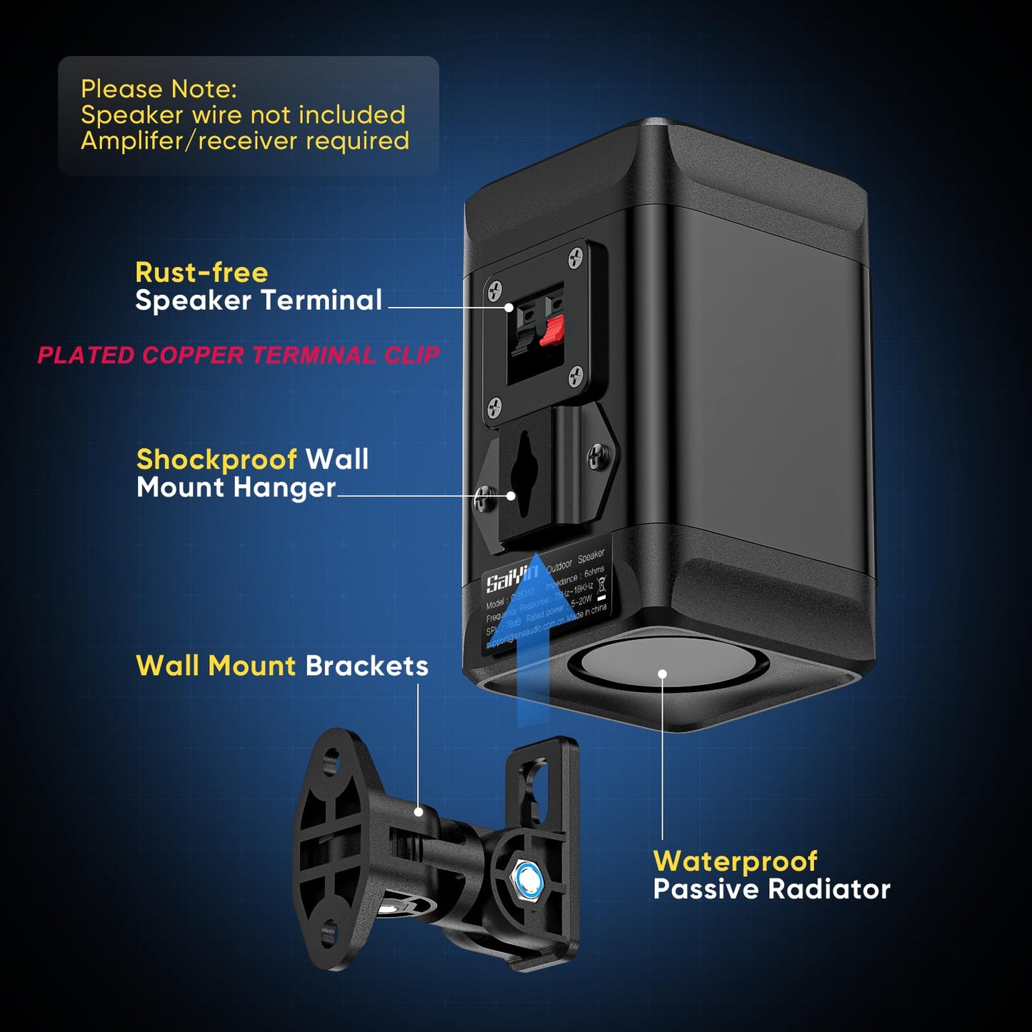 Saiyin Outdoor Indoor Speakers, Marine Grade Mount Speakers, Surround Sound Speakers with Wall Mount Brackets for Boat, Patio, Garage, Home Surround System, One Pair