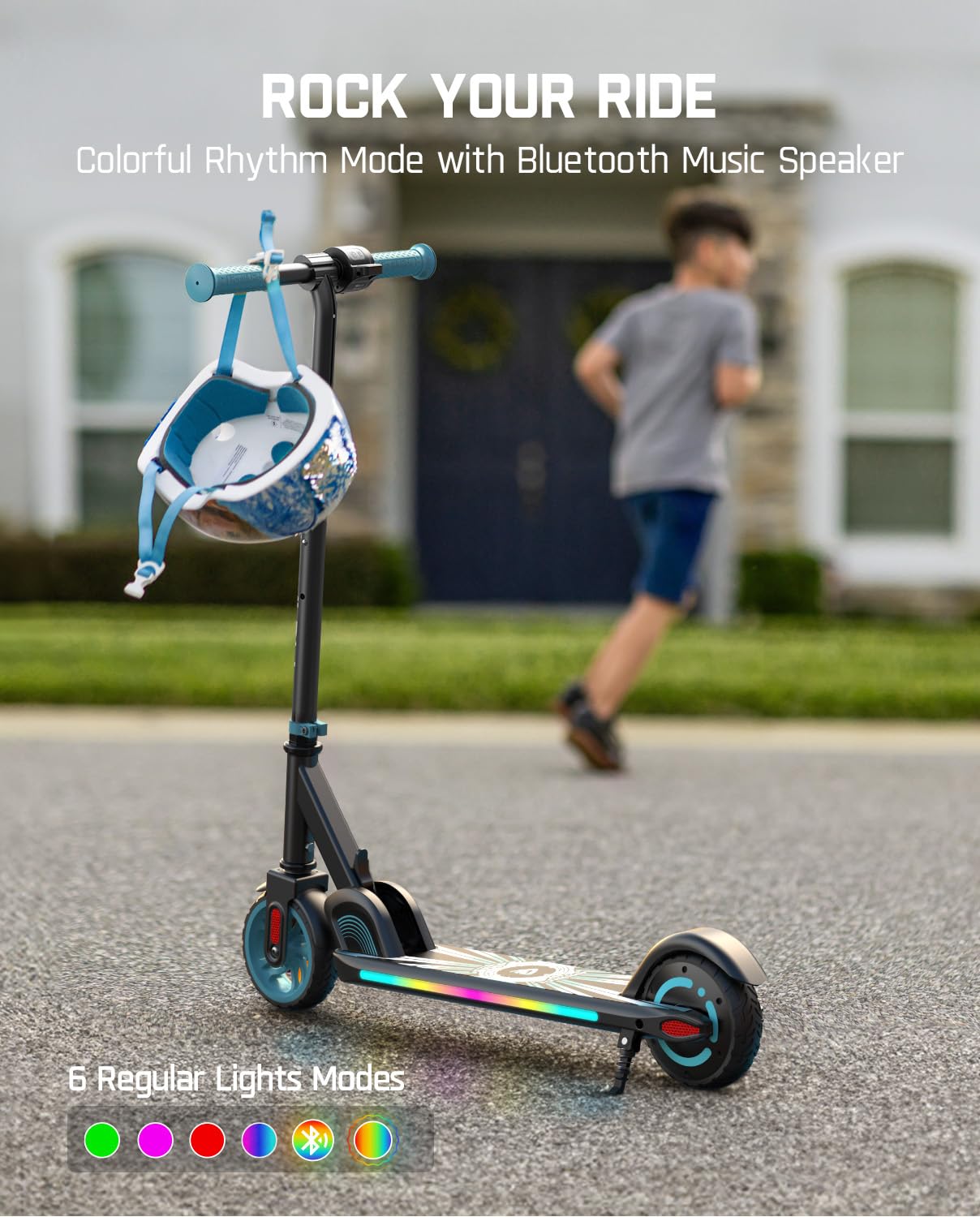 FanttikRide C9 Apex Electric Scooter for Kids 8-12, Adjustable Handlebar Height for Riders 3.9-5.2 ft, 132 lbs, Up to 40 mins Continuous Time, 3 Speed Mode 5/8/10 MPH, Bluetooth Music Speaker, Blue