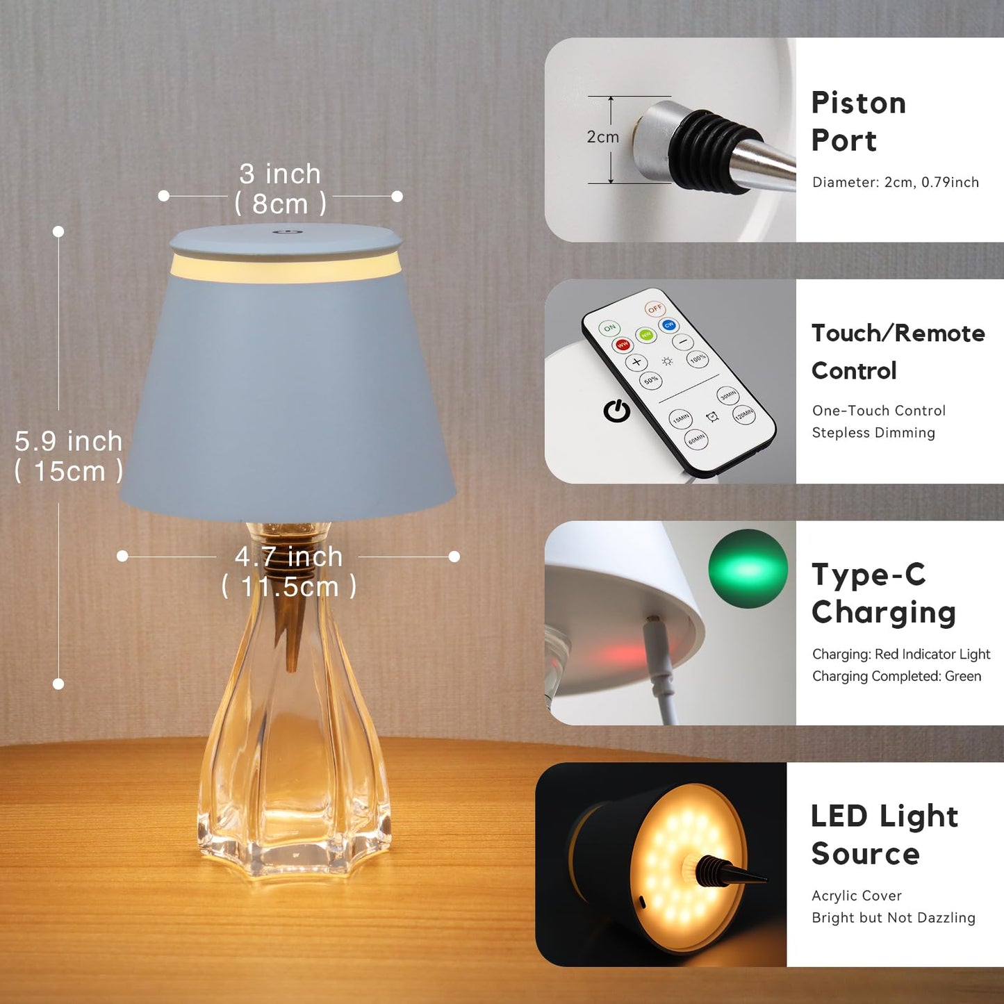 Yupola Wireless Bottle Lamp with Remote,Cordless Lamp Shade Dimmable for Wine Bottles,Rechargeable Battery Operated Touch Control Bottle Light for for Bedroom,Restaurant,Bar,Camping. (White, 1pcs)