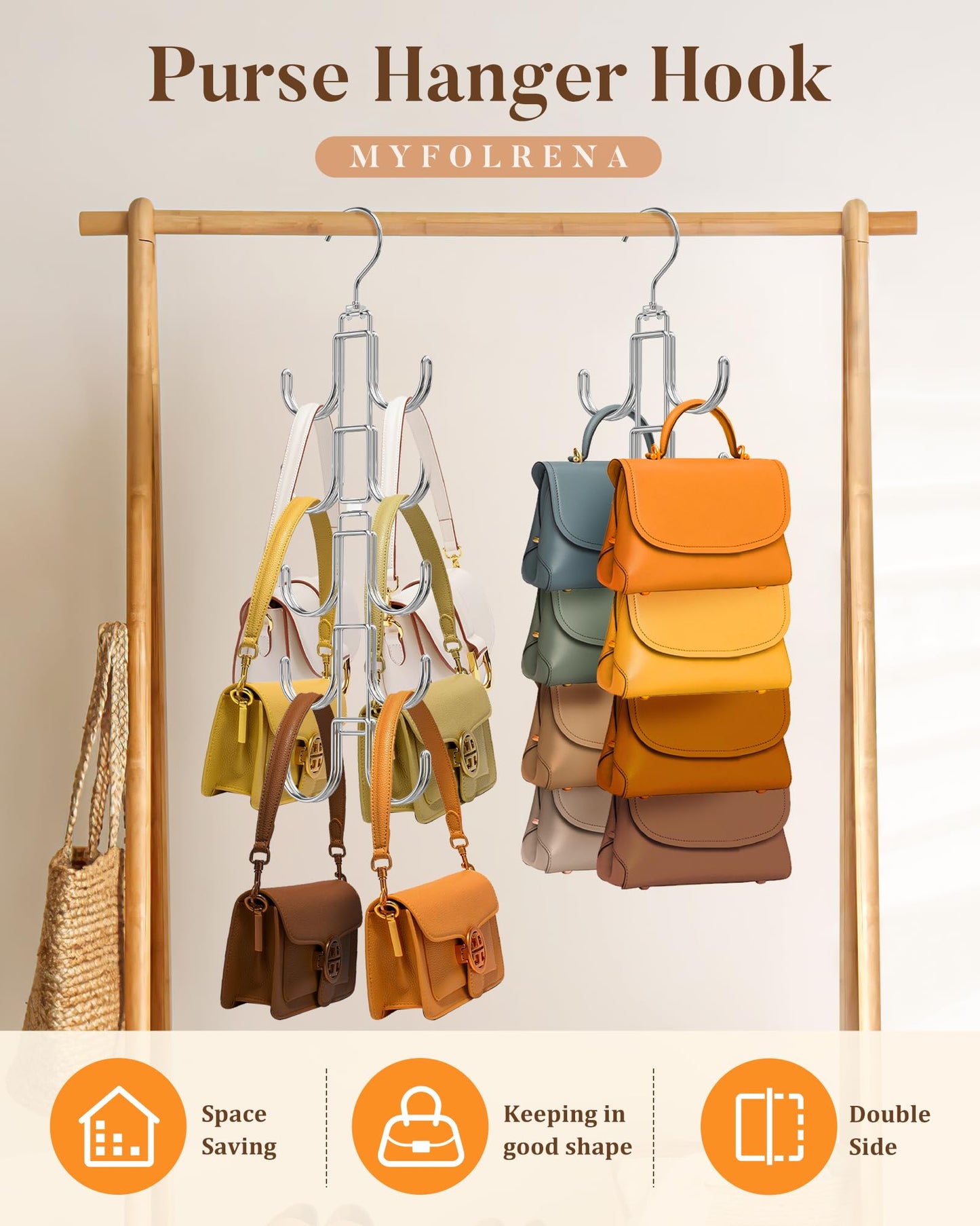 Purse Hanger for Closet, 360 Degree Purse Organizer with 10 Hooks Bag Handbag Hanger Hooks for Purse Hanging, Durable Purse Display Rack Space-Saving Bag Organizer for Women