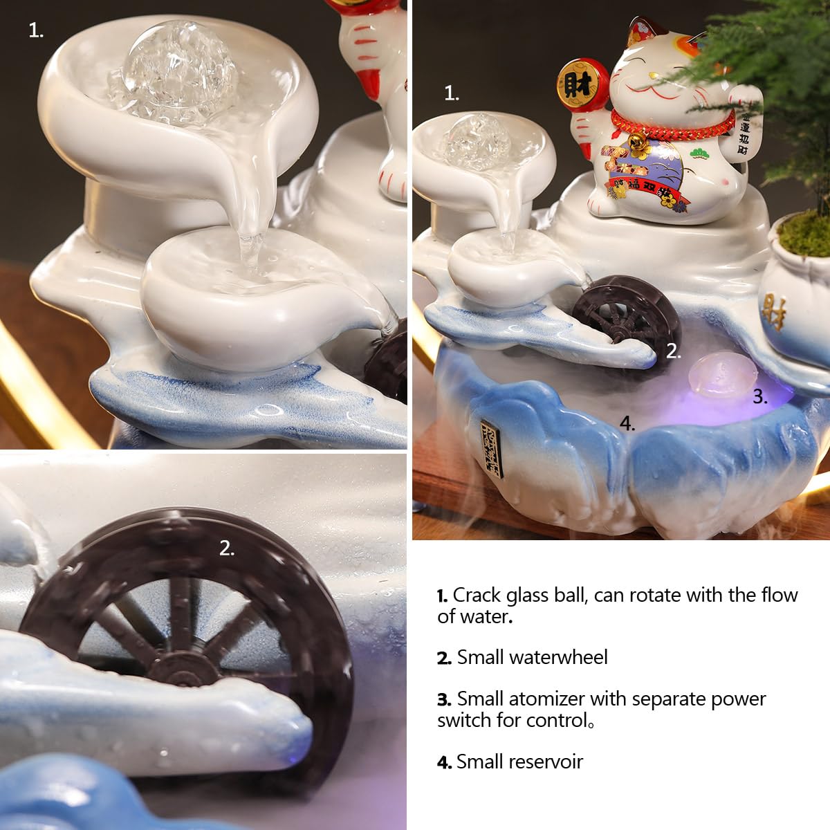 TXYXT Indoor Tabletop Waterfall Fountain with Chinese Ceramic Lucky Cat Waving Arm Figurine，Desktop Mini Water Fountain Decoration，LED Light Ring Backflow Incense Burner for Desk