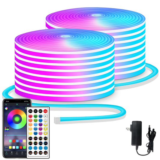 32.8ft LED neon Lights with Remote APP Control IP65 Waterproof Flexible Neon Strip Lights 24V RGB Rope Lights for Bedroom Room Outdoors Décor